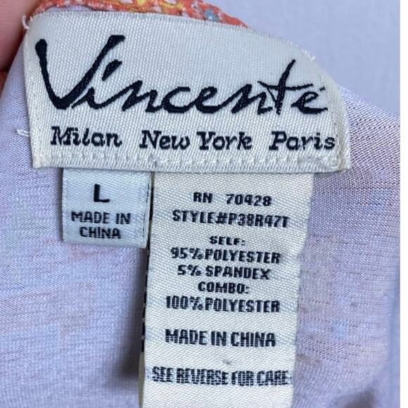 NWOT VINCENTE Tunic Patchwork Floral Multi Fishnet Sleeve Button Spandex Coral - Picture 2 of 12